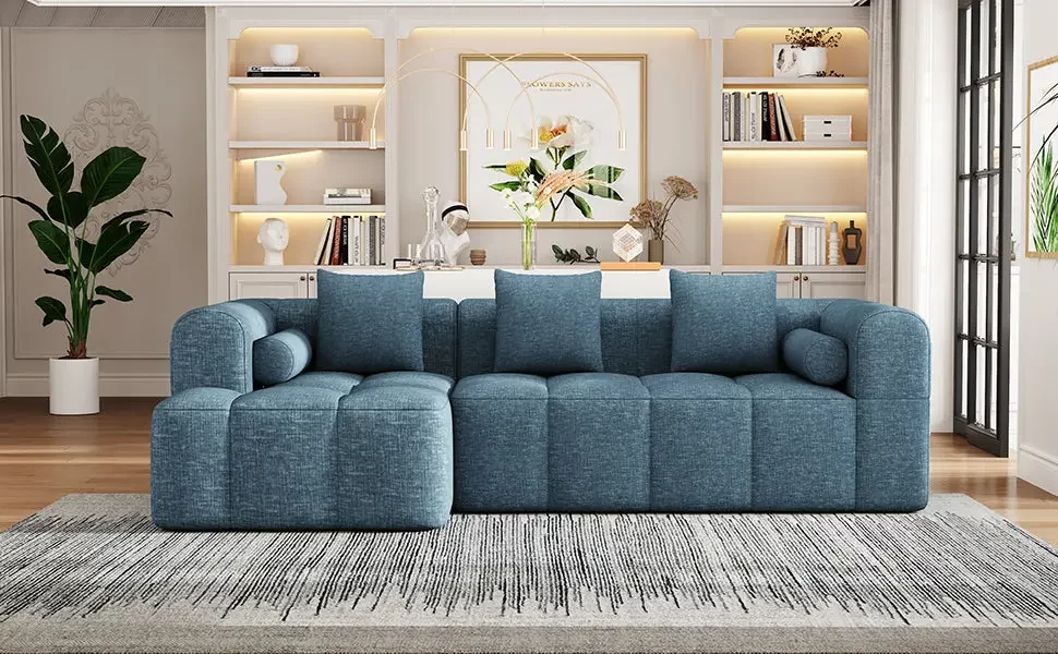 101.2' Sectional Sofa Full-Compressed Sofa Modular Sofa Couch Free-combined Sofa with Deep Seating and Two Side Pockets for Living Room, Blue