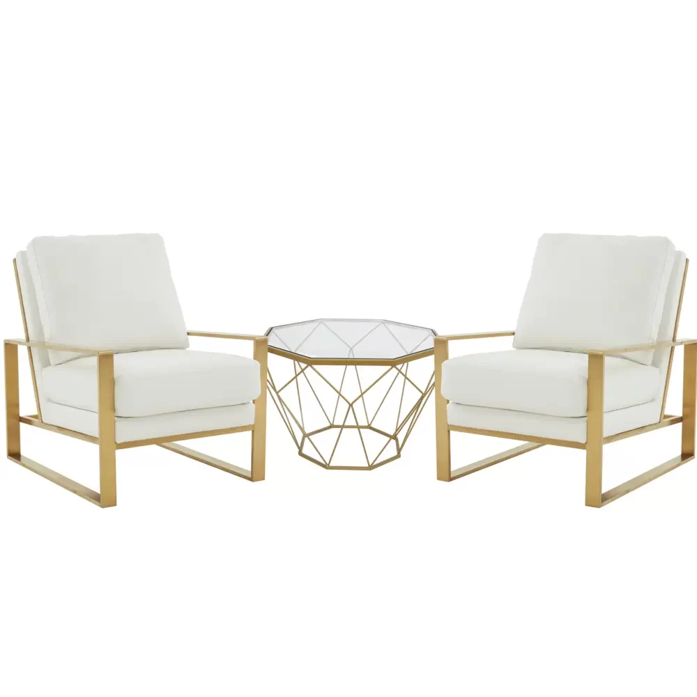 Leather Armchair with Gold Frame and Octagon Coffee Table with Geometric Base
