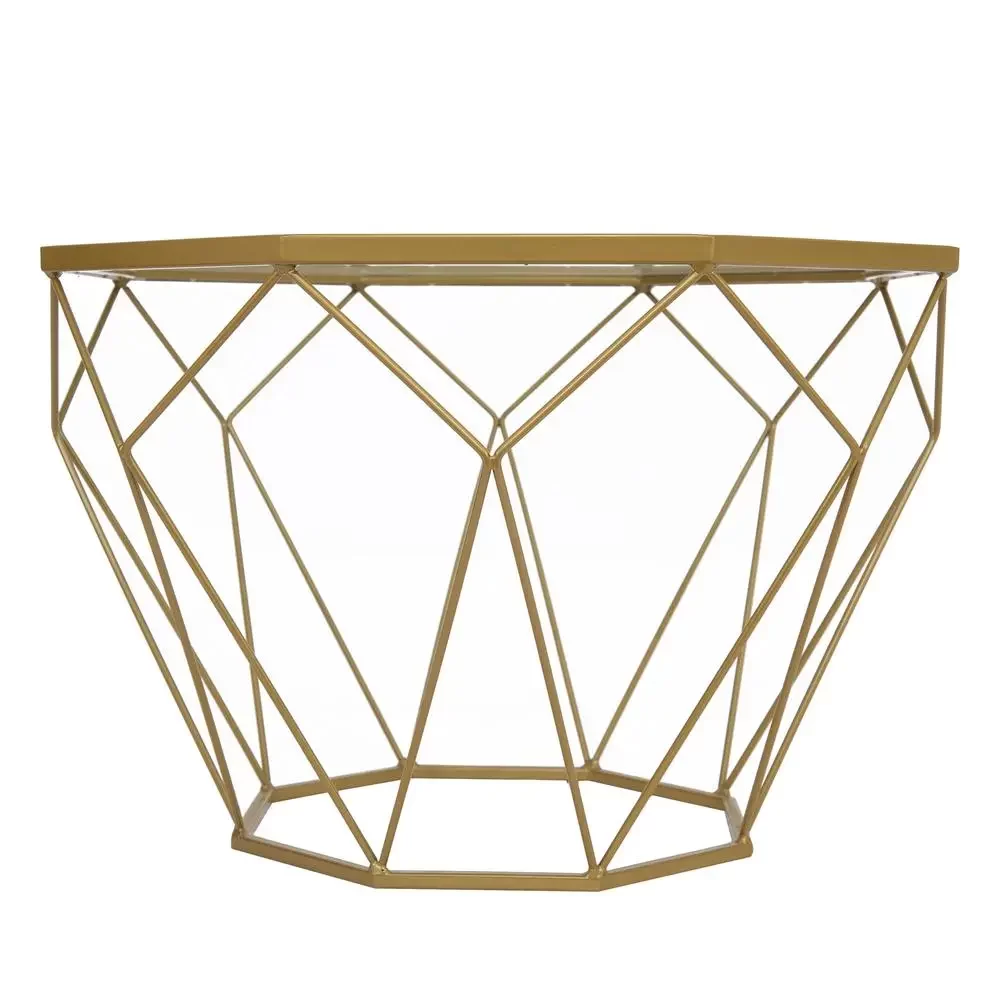 Leather Armchair with Gold Frame and Octagon Coffee Table with Geometric Base