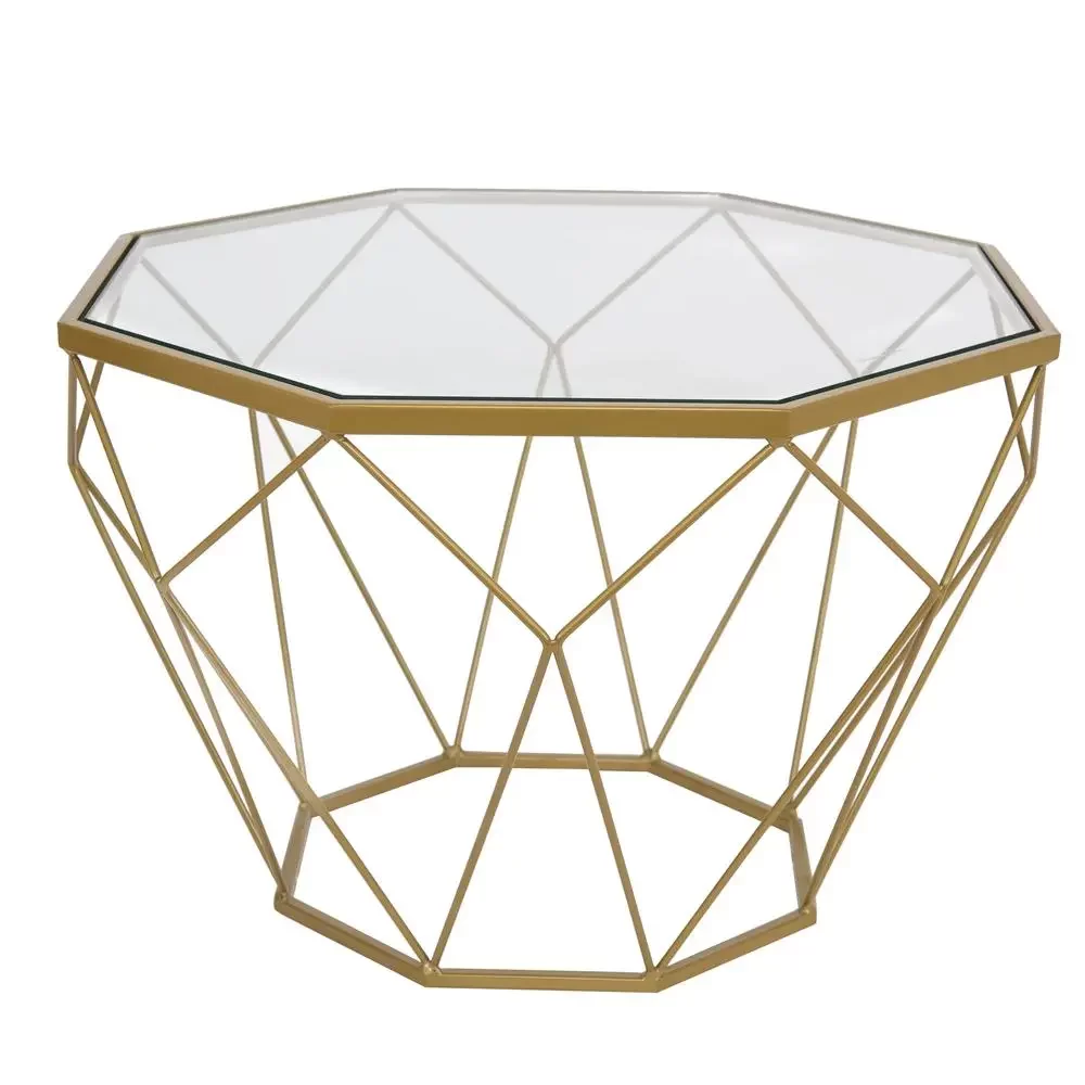 Leather Armchair with Gold Frame and Octagon Coffee Table with Geometric Base