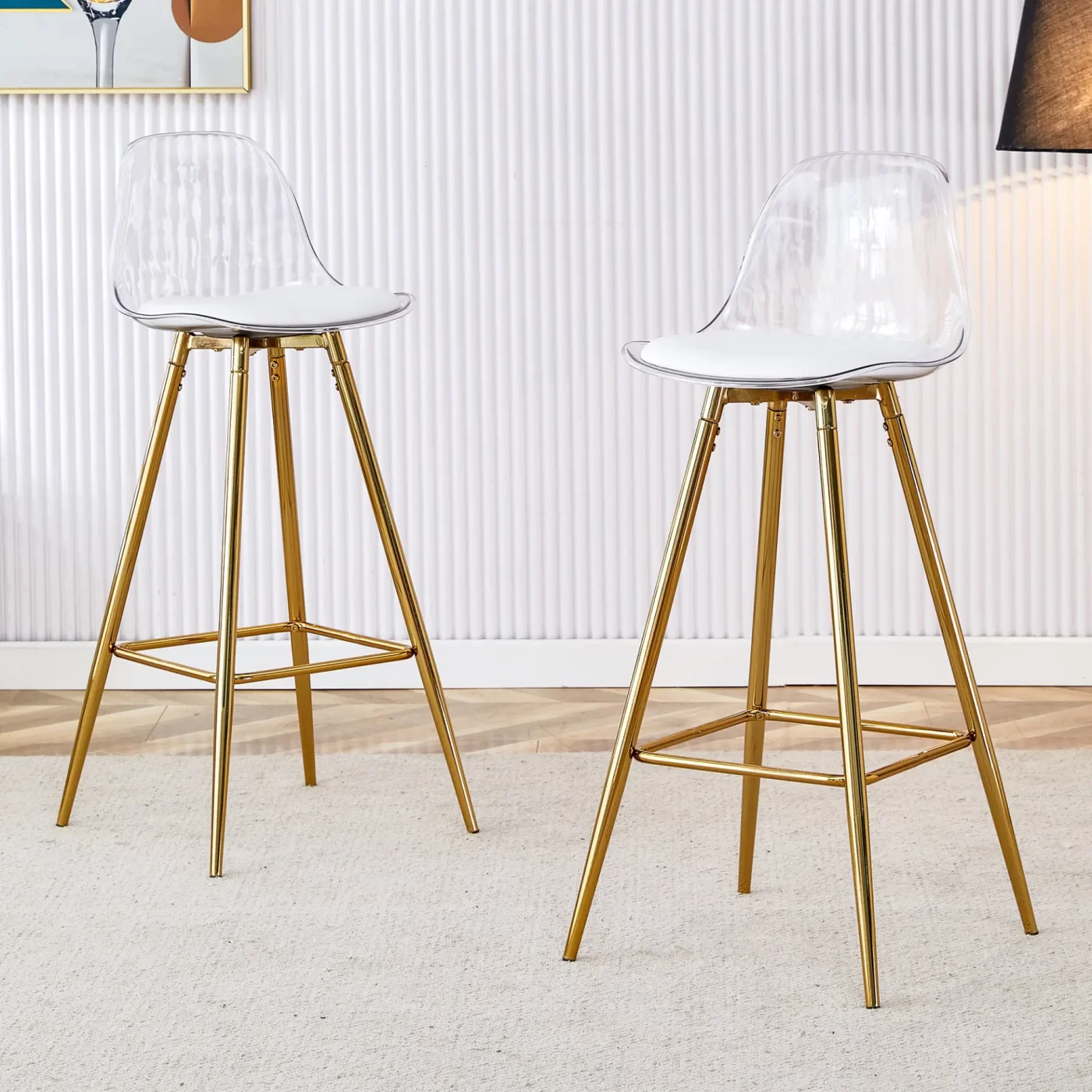 Stylish Upholstered Bar Chairs with Metal Legs in White and Gold for Dining Room, Kitchen, and Terrace