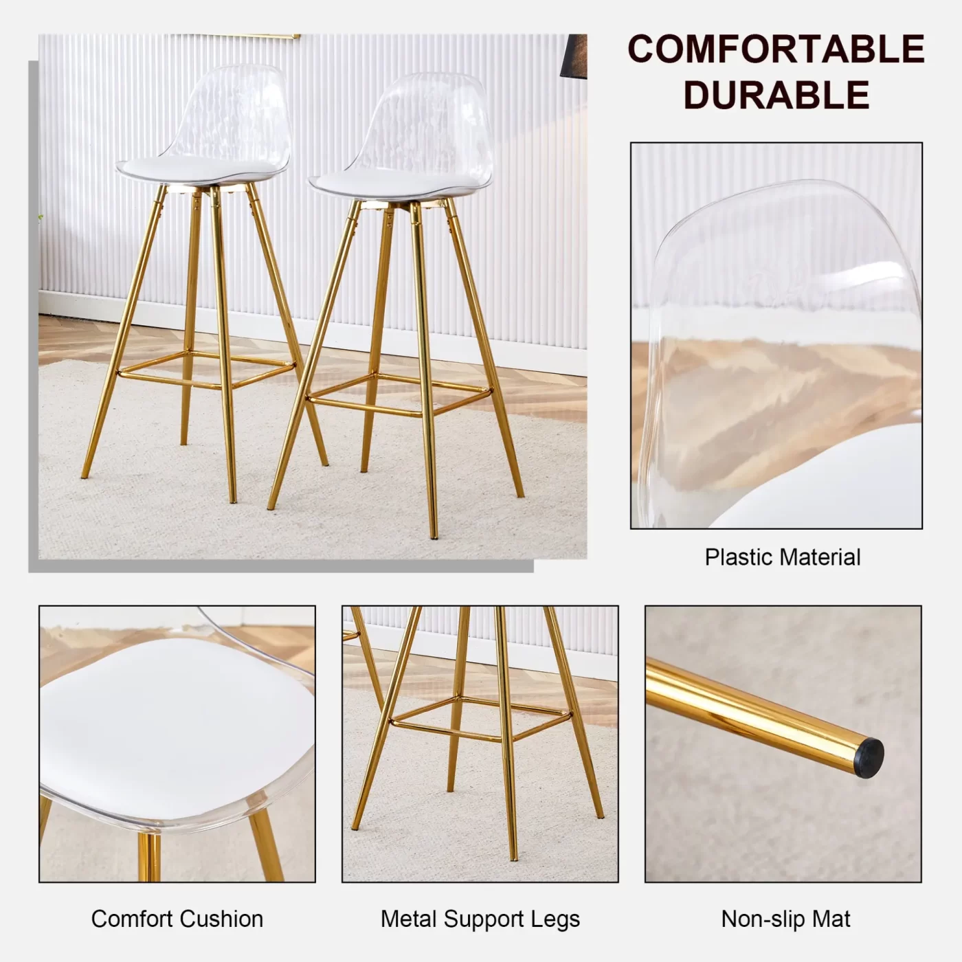 Stylish Upholstered Bar Chairs with Metal Legs in White and Gold for Dining Room, Kitchen, and Terrace