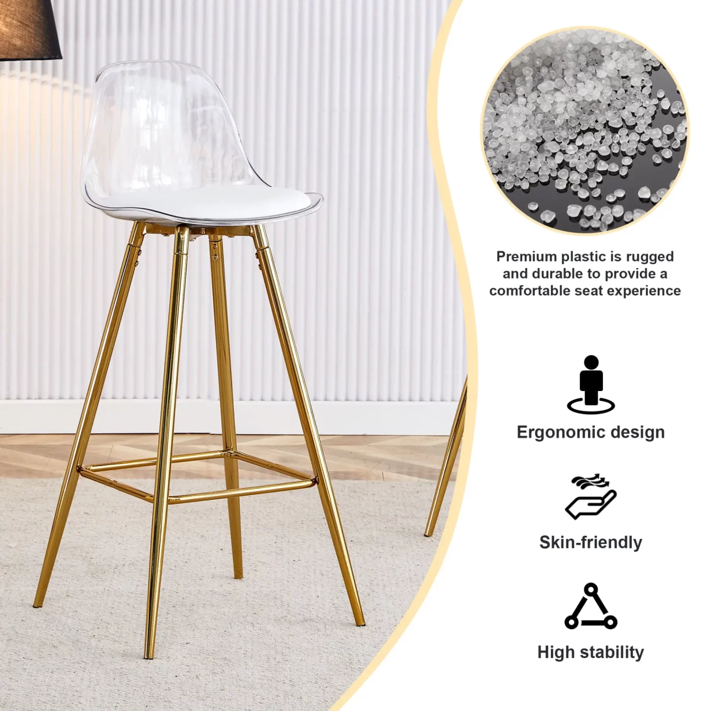 Stylish Upholstered Bar Chairs with Metal Legs in White and Gold for Dining Room, Kitchen, and Terrace