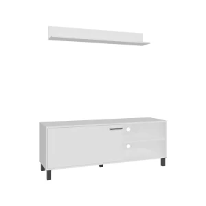 Novi Living Room Set, Tv Stand + Wall Shelf, 1 Door, 3 Shelves, White