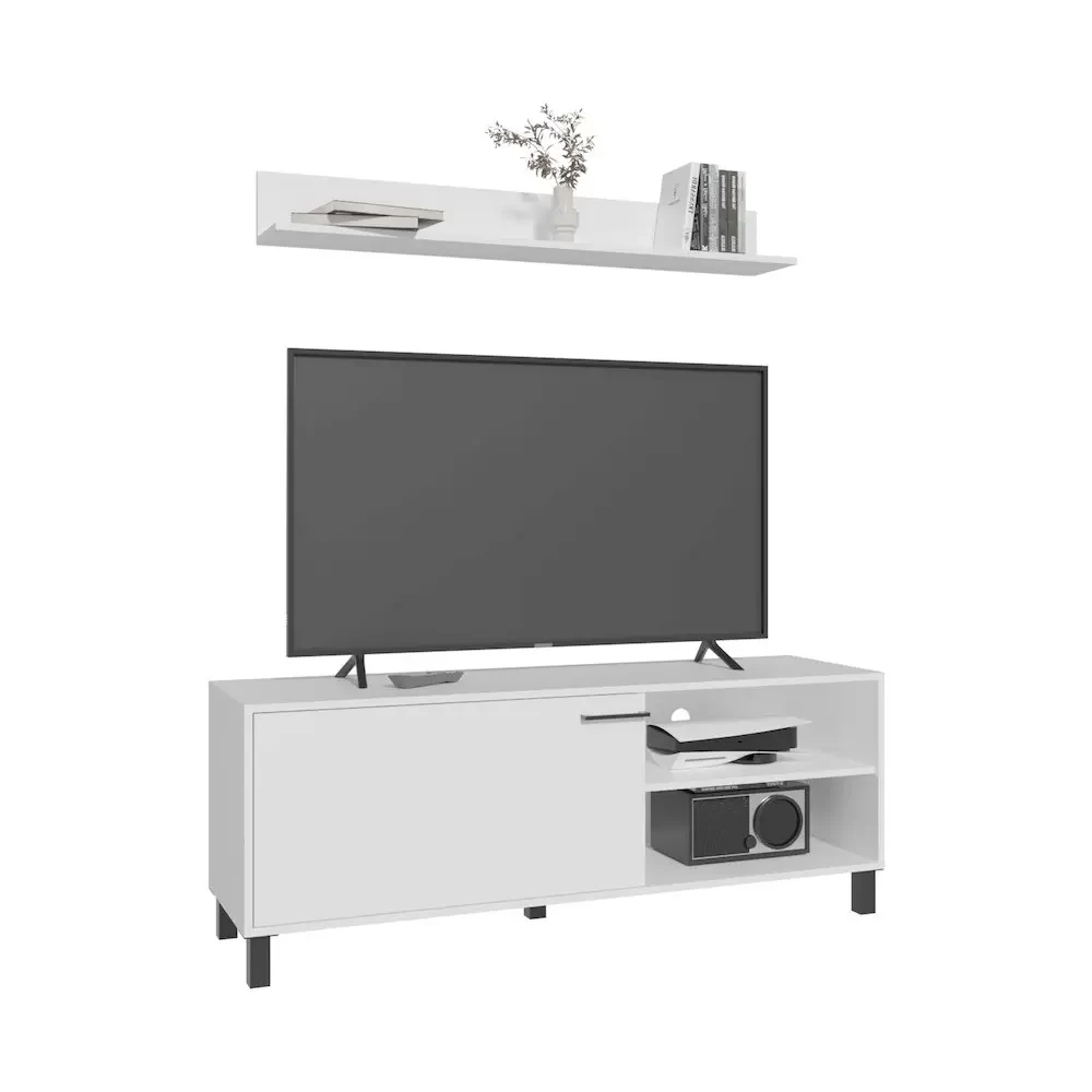 Novi Living Room Set, Tv Stand + Wall Shelf, 1 Door, 3 Shelves, White