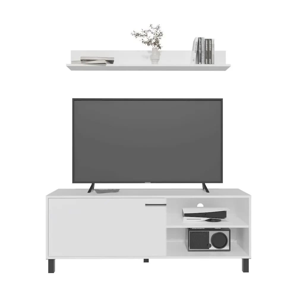 Novi Living Room Set, Tv Stand + Wall Shelf, 1 Door, 3 Shelves, White