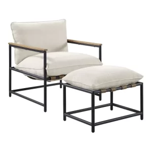 Sling Chair & Ottoman set, Matte Black Metal Frame, Ivory Chenille Fabric