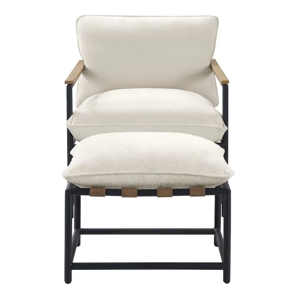 Sling Chair & Ottoman set, Matte Black Metal Frame, Ivory Chenille Fabric