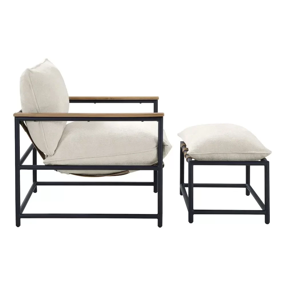 Sling Chair & Ottoman set, Matte Black Metal Frame, Ivory Chenille Fabric
