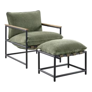 Sling Chair & Ottoman set, Matte Black Metal Frame, Green Chenille Fabric
