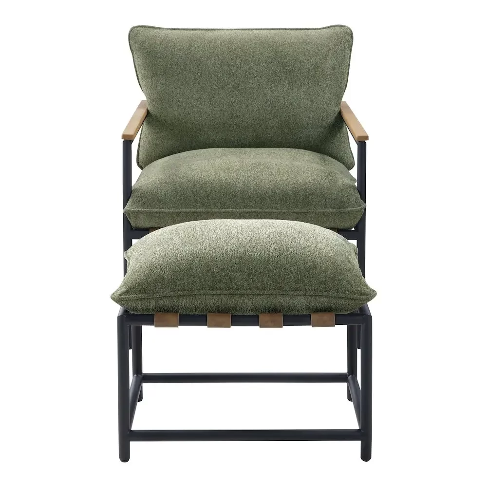 Sling Chair & Ottoman set, Matte Black Metal Frame, Green Chenille Fabric