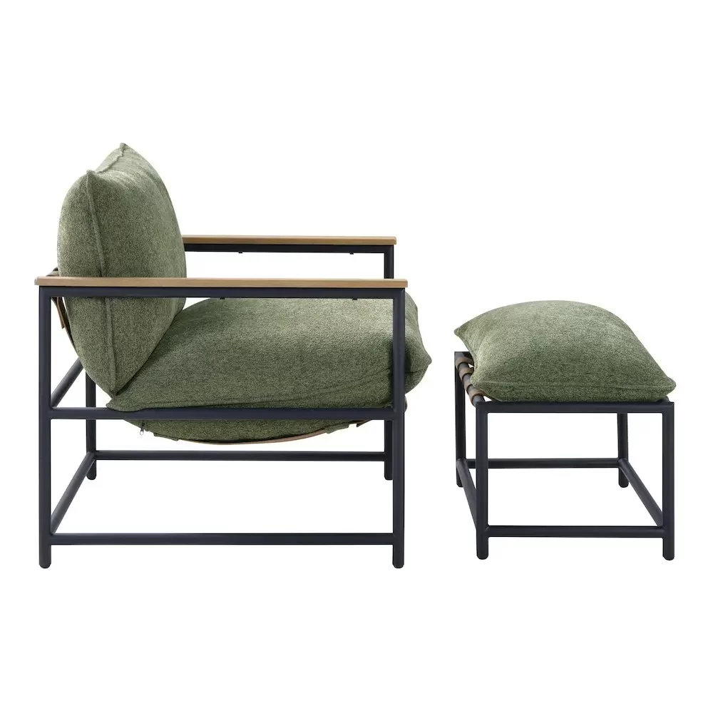 Sling Chair & Ottoman set, Matte Black Metal Frame, Green Chenille Fabric