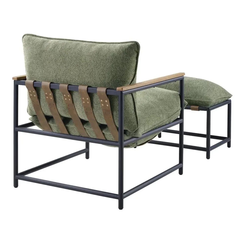 Sling Chair & Ottoman set, Matte Black Metal Frame, Green Chenille Fabric